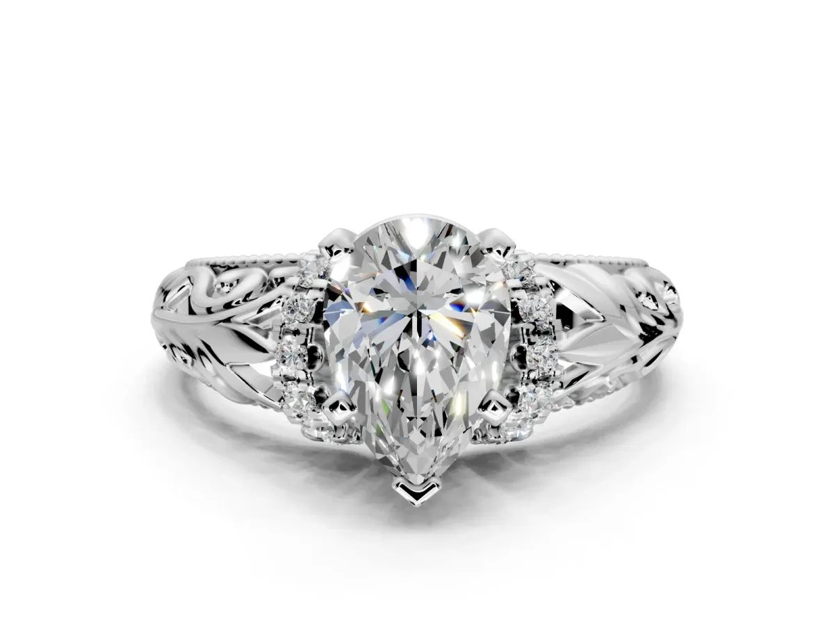 Solitaire Engagement Ring Setting for Pear-Shaped Center with Filigree Accent Basket and Prong Head in Platinum