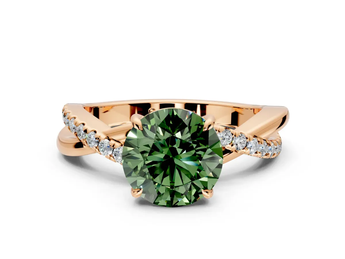 Crossover Engagement Ring Setting for Fancy Green Round Cut Center with Pave and Plain Strands and Prong Head in Rose Gold