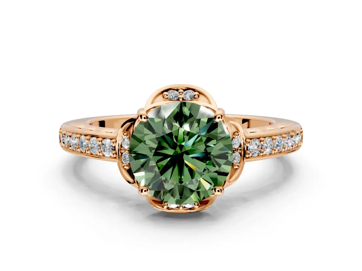 Floral Engagement Ring Setting for Fancy Green Round Cut Center with Four Accent Clusters and Prong Head in Rose Gold