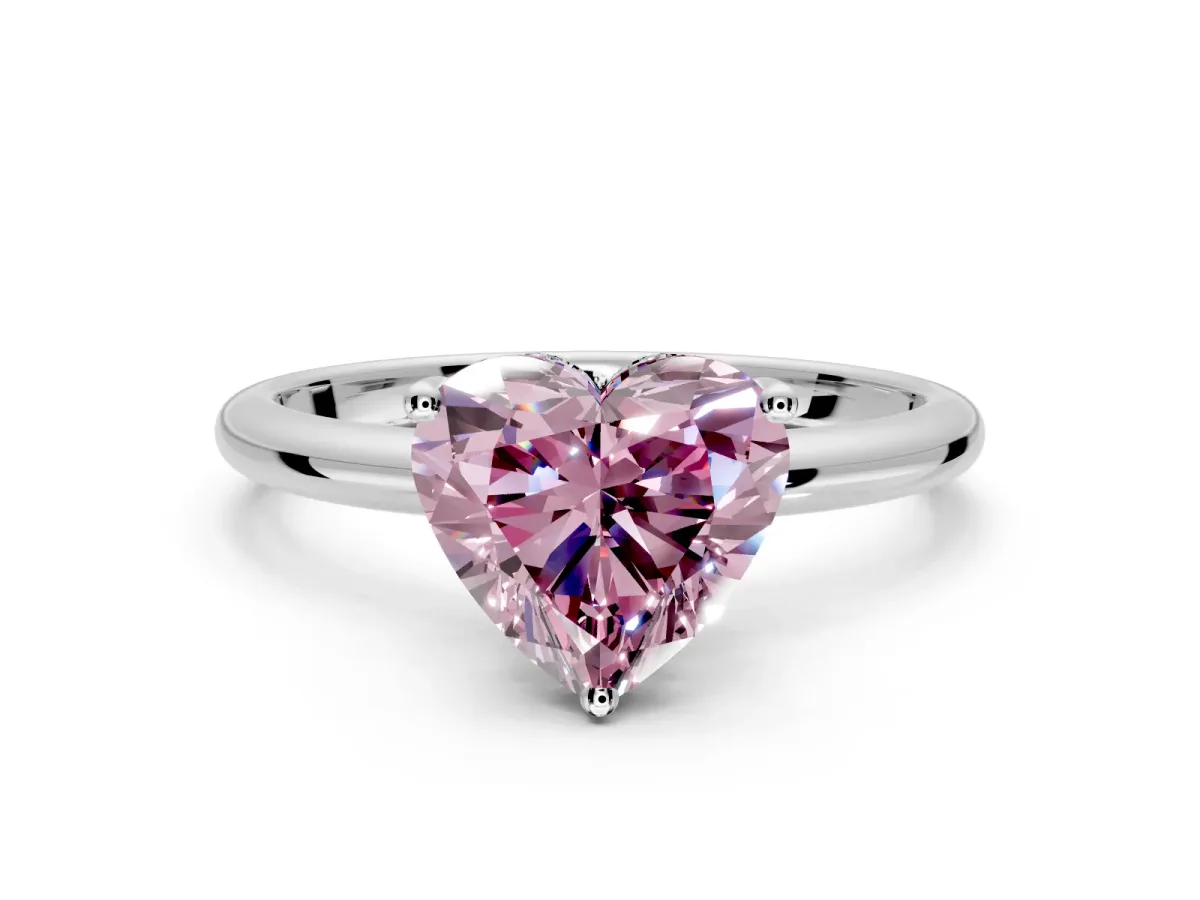 Hidden Halo Engagement Ring Setting for Fancy Pink Heart-Shaped Center with Thin Round-Wire Band and Prong Head in Platinum