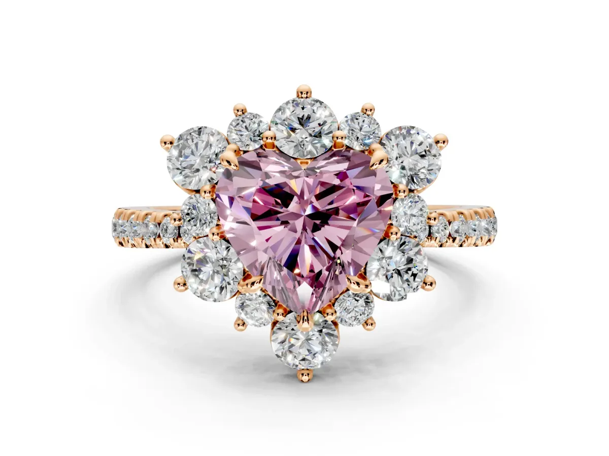 Floral Halo Engagement Ring Setting for Fancy Pink Heart-Shaped Center with Pave Accents and Prong Head in Rose Gold