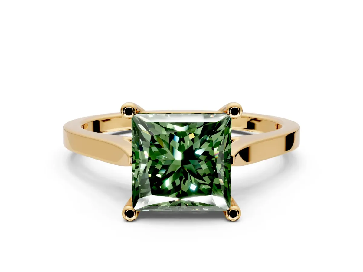 Solitaire Engagement Ring Setting for Fancy Green Princess Cut Center with Tapered Shoulders and Prong Head in Yellow Gold
