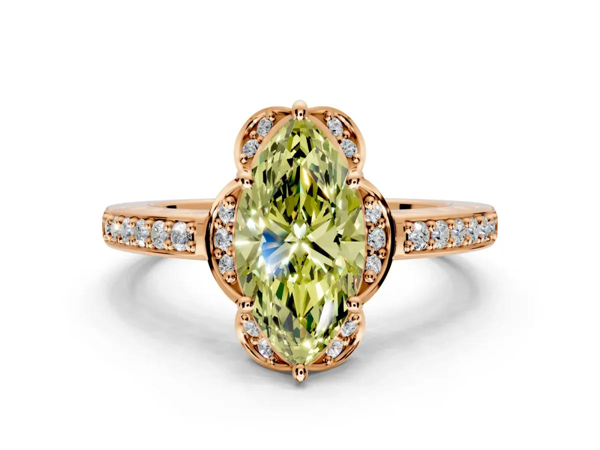 Floral Engagement Ring Setting for Fancy Yellow Marquise Center with Four Accent Clusters and Prong Head in Rose Gold