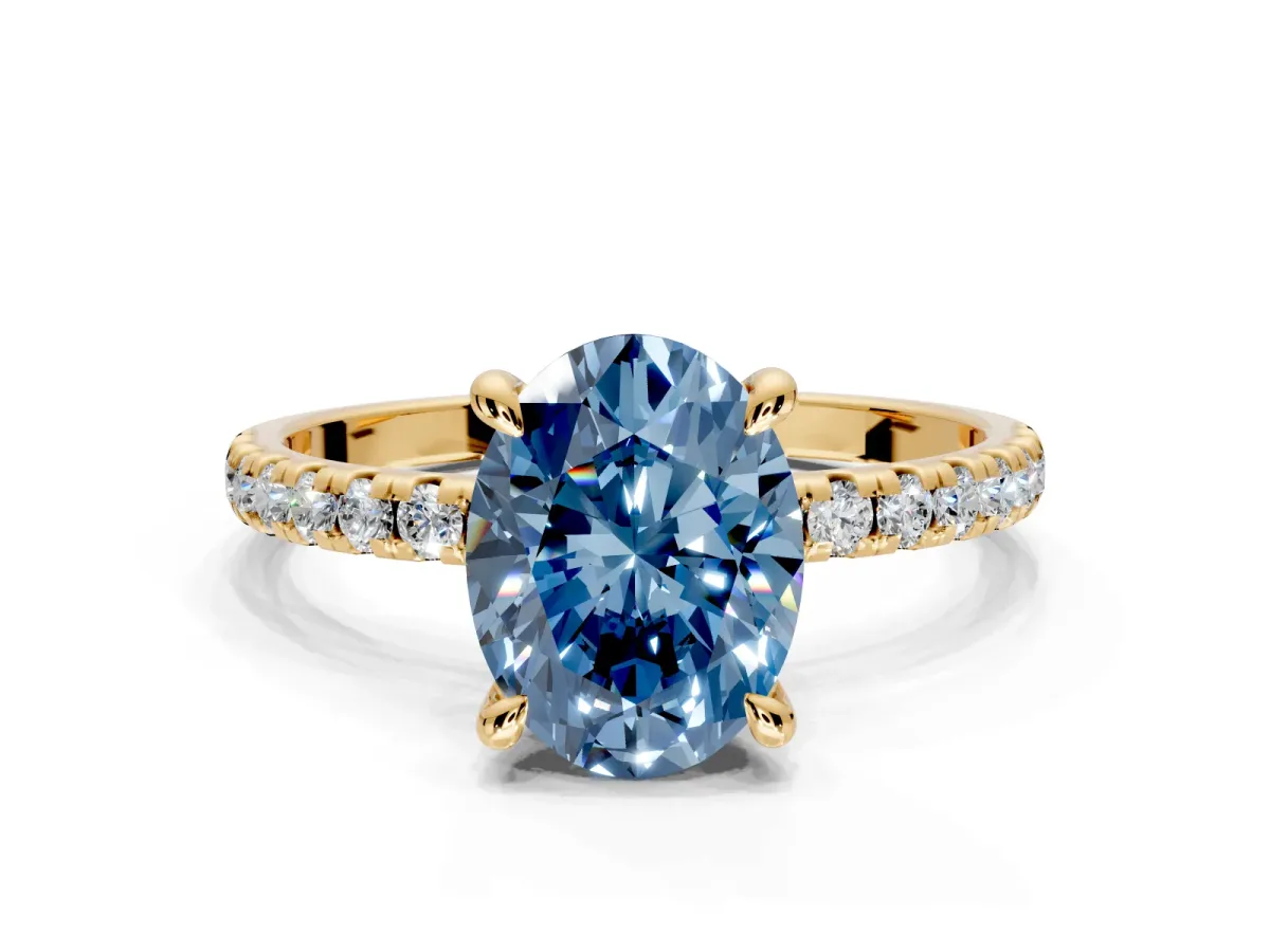 Solitaire Engagement Ring Setting for Fancy Blue Oval Center with Fine Pave Narrow Band and Prong Head in Yellow Gold