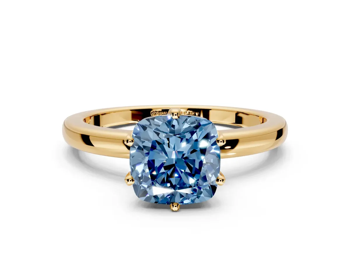 Solitaire Engagement Ring Setting for Fancy Blue Cushion Cut Center with Plain Band and Tulip Prong Head in Yellow Gold
