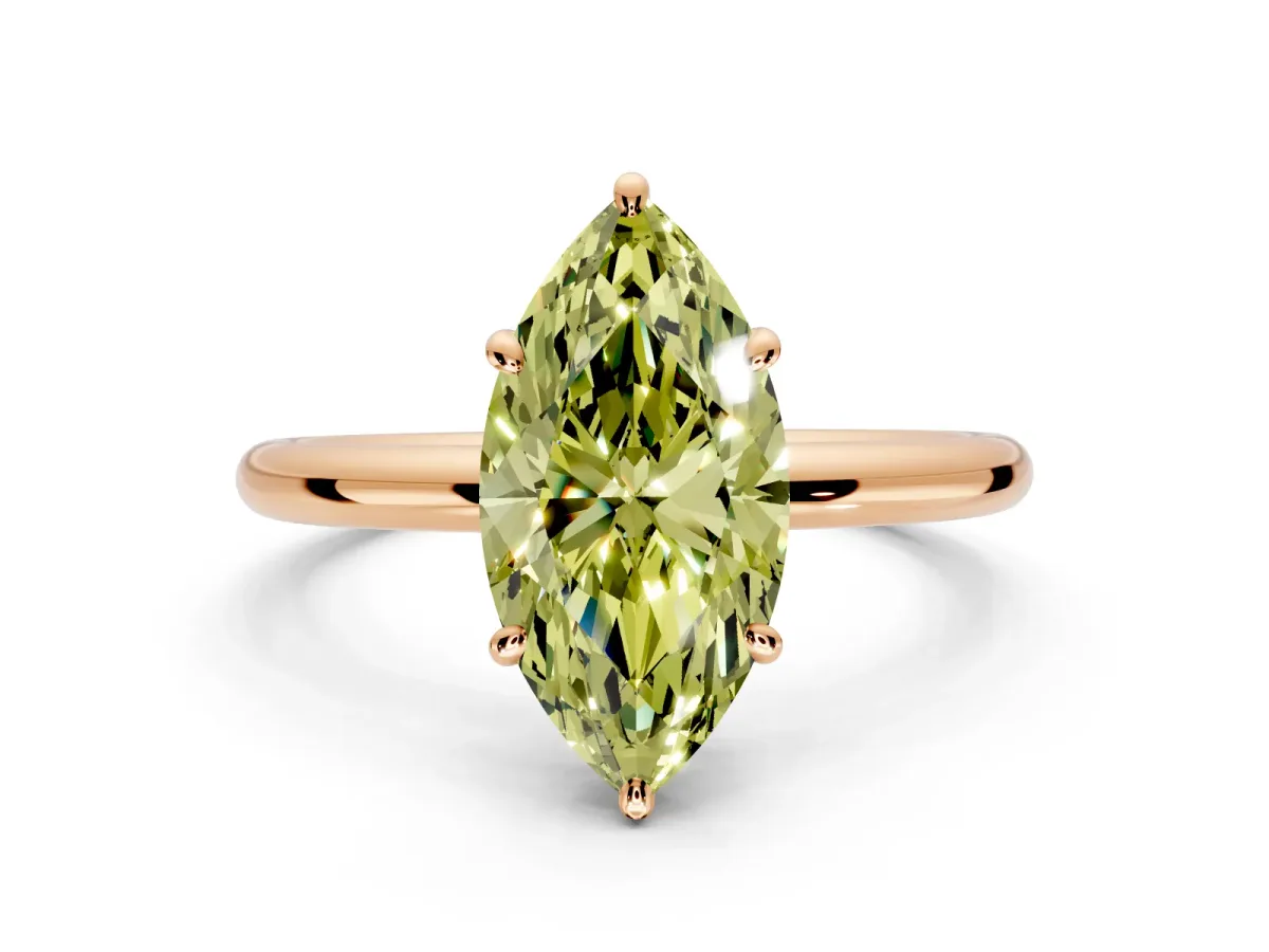 Low-Set Solitaire Engagement Ring Setting for Fancy Yellow Marquise Center with Thin Plain Band and Prong Head in Rose Gold