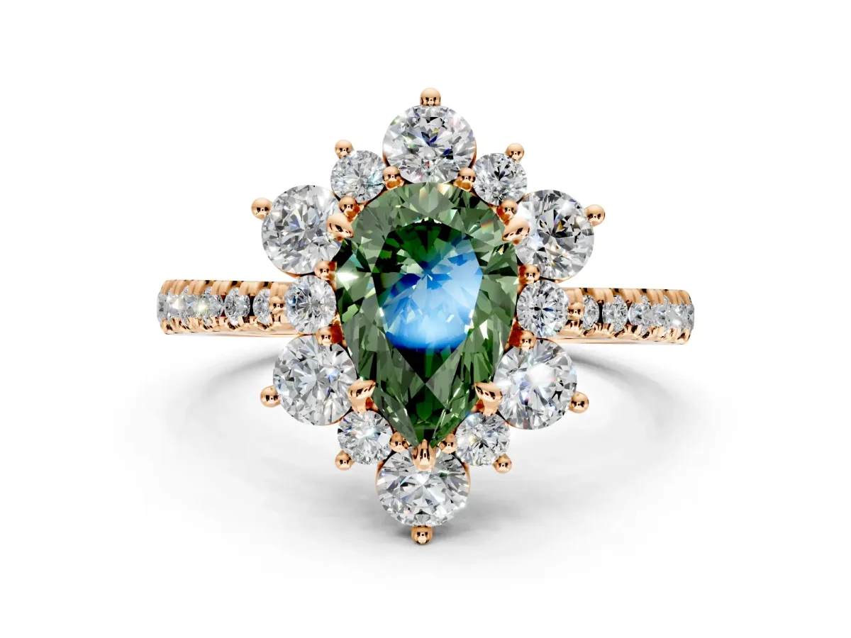 Floral Halo Engagement Ring Setting for Fancy Green Pear-Shaped Center with Pave Accents and Prong Head in Rose Gold