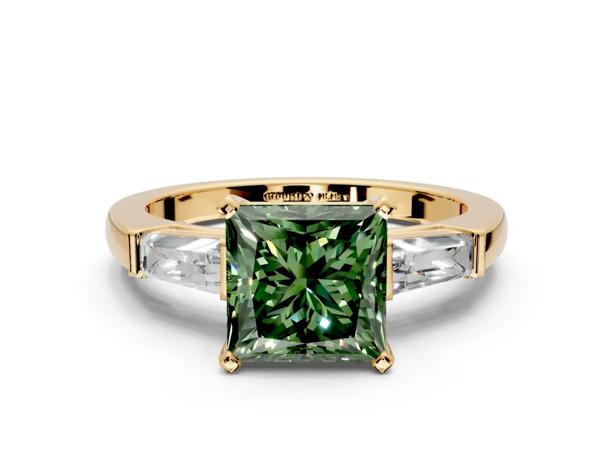 3 Stone Engagement Ring Setting for Fancy Green Princess Cut Center with Tapered Baguettes, Plain Band and Prong Head in Yellow Gold