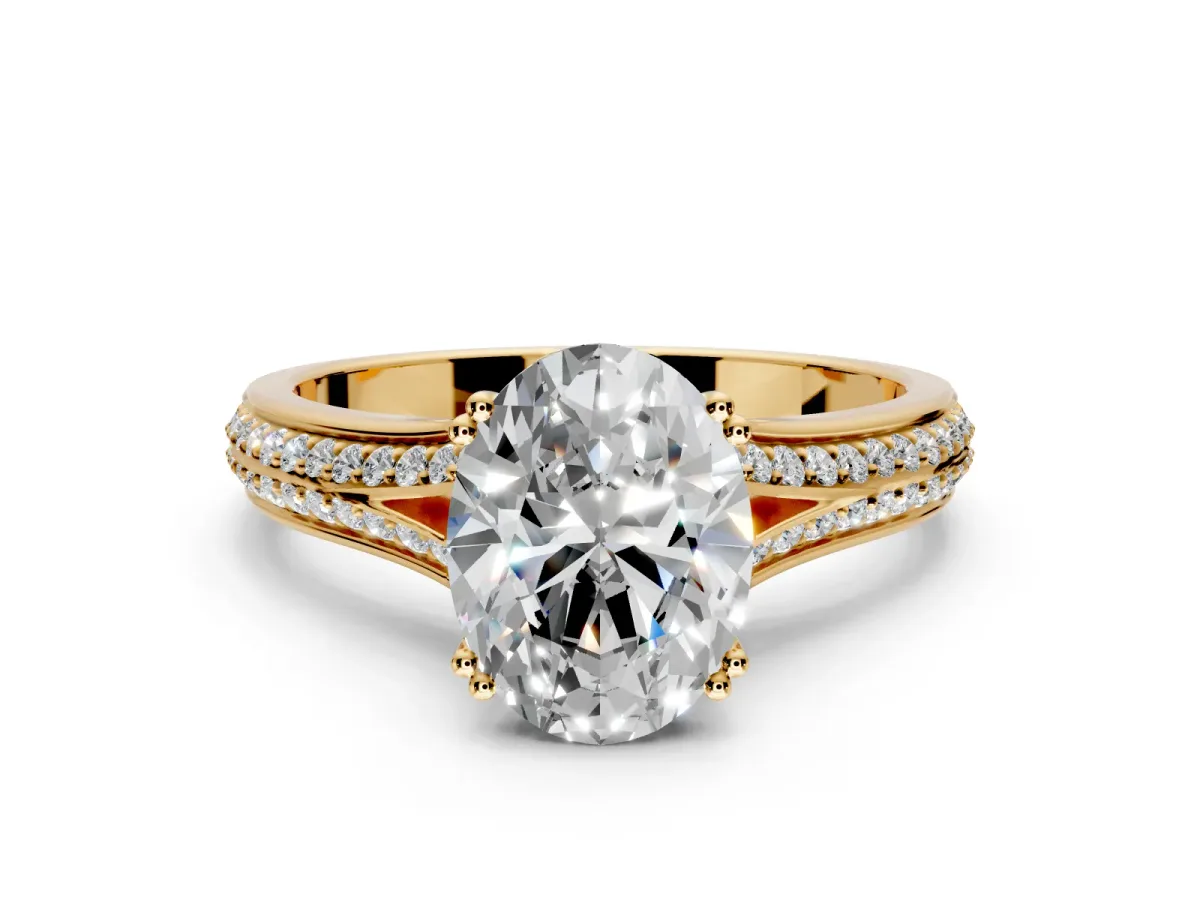 Solitaire Engagement Ring Setting for Oval Center with Pave Rail Split Shank and Prong Head in Yellow Gold