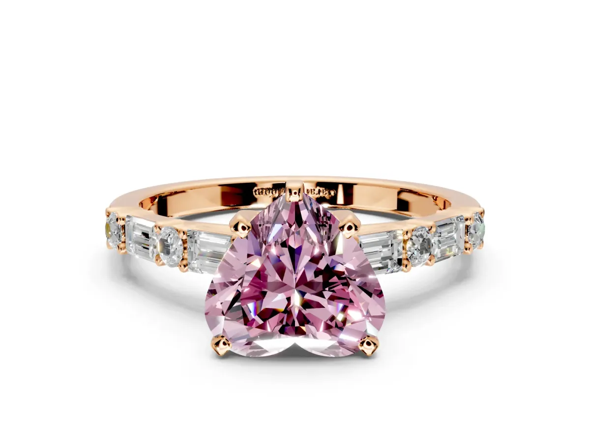 Baguette Engagement Ring Setting for Fancy Pink Heart-Shaped Center with Alternating Bar-Set Band and Prong Head in Rose Gold
