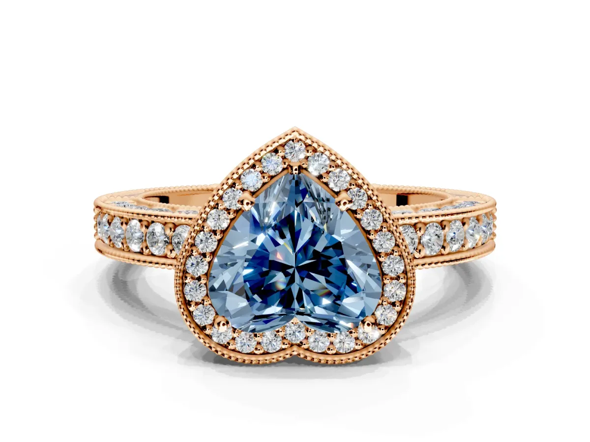 Milgrain Halo Engagement Ring Setting for Fancy Blue Heart-Shaped Center with Wide Pave Band and Prong Head in Rose Gold