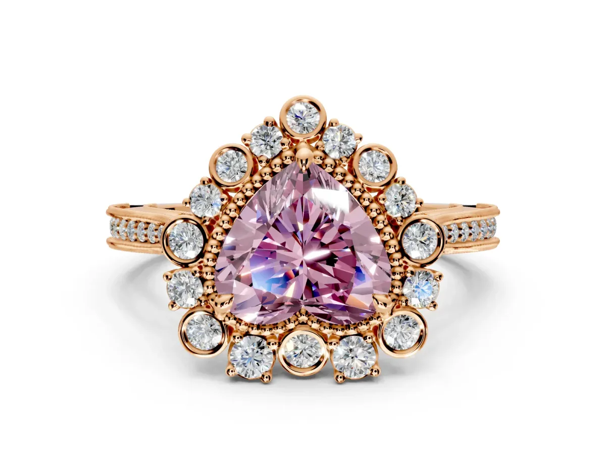 Milgrain Halo Engagement Ring Setting for Fancy Pink Heart-Shaped Center with Bezel Point Accents and Prong Head in Rose Gold