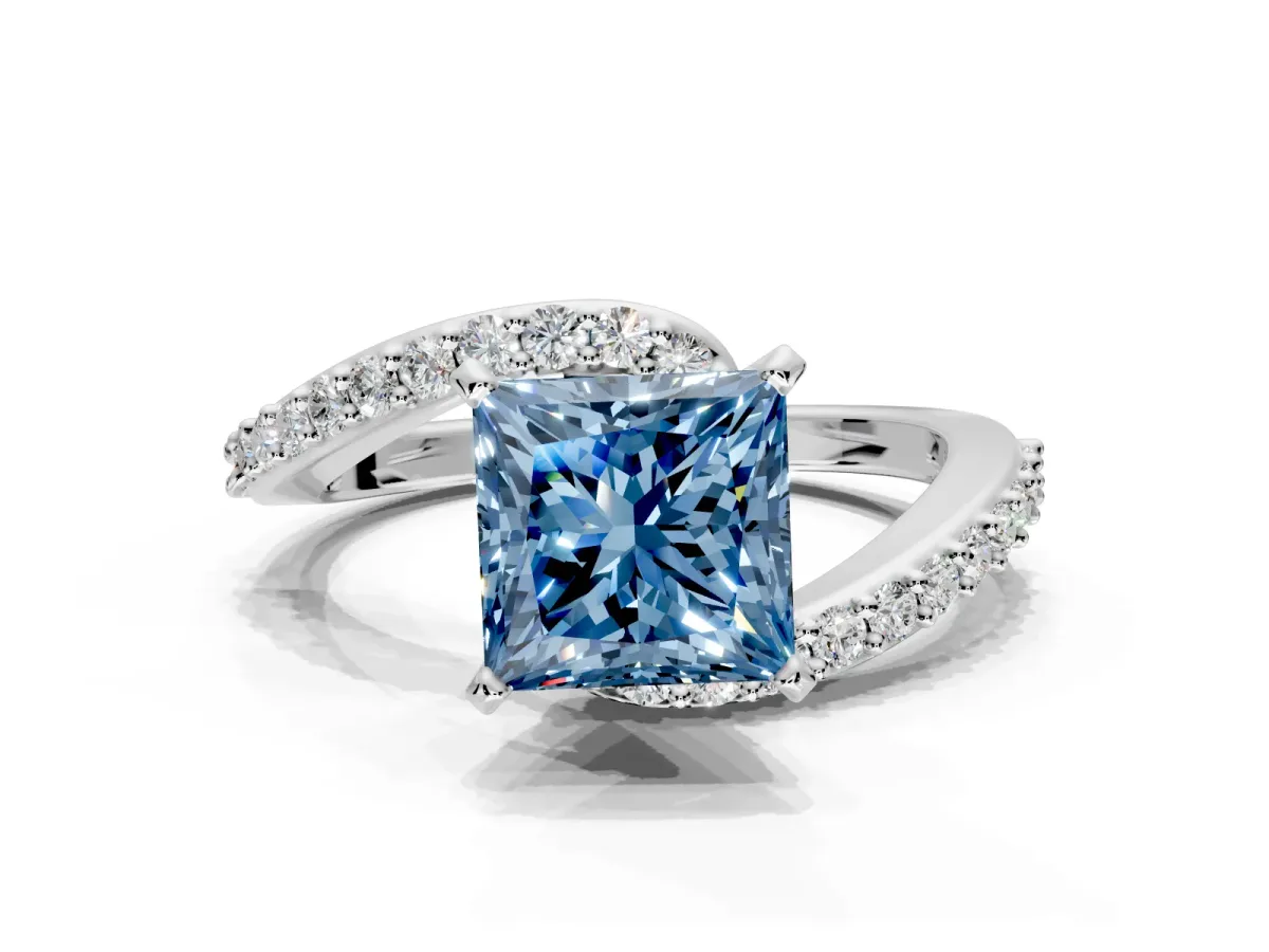 Solitaire Engagement Ring Setting for Fancy Blue Princess Cut Center with Pave Bypass Swirl Band and Prong Head in White Gold
