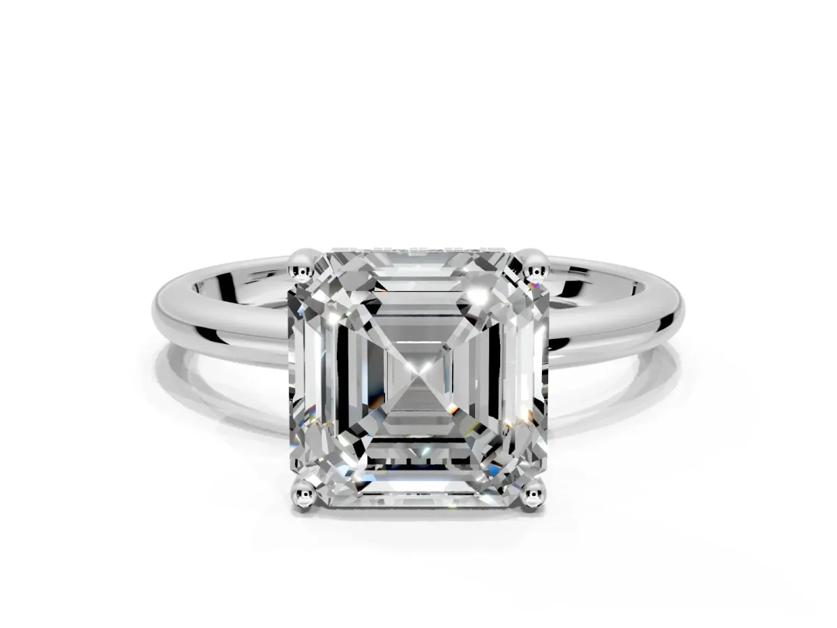 Hidden Halo Engagement Ring Setting for Asscher Cut Center with Thin Round-Wire Band and Prong Head in Platinum