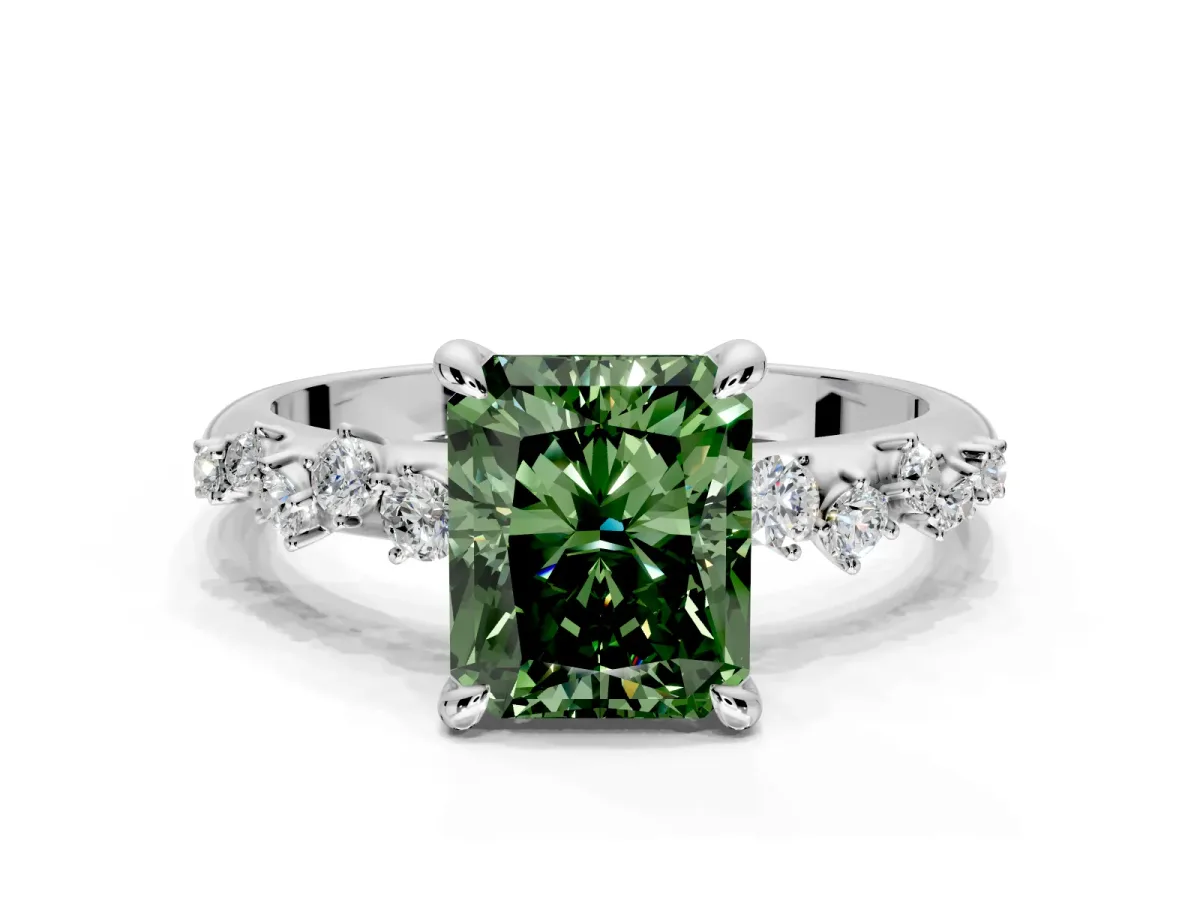 Solitaire Engagement Ring Setting for Fancy Green Radiant Cut Center with Trailing Leaf Accent Band and Prong Head in Platinum