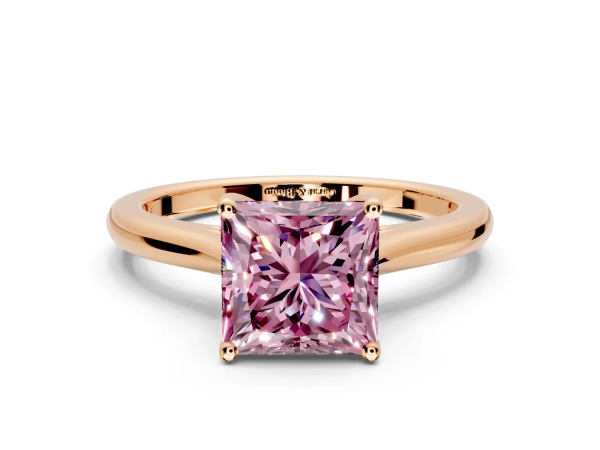 Solitaire Engagement Ring Setting for Fancy Pink Princess Cut Center with Narrow Cathedral Band and Prong Head in Rose Gold