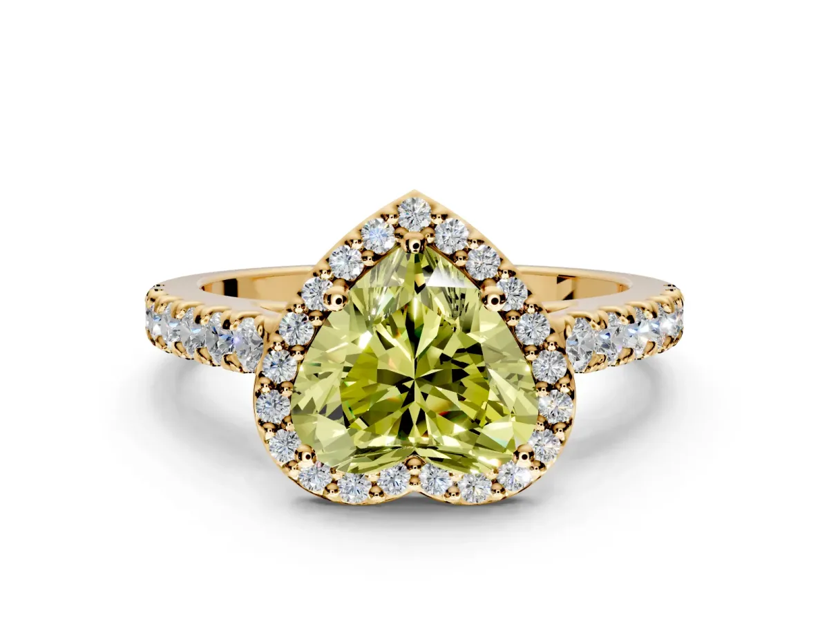 Halo Engagement Ring Setting for Fancy Yellow Heart-Shaped Center with Full Pave Band and Prong Head in Yellow Gold