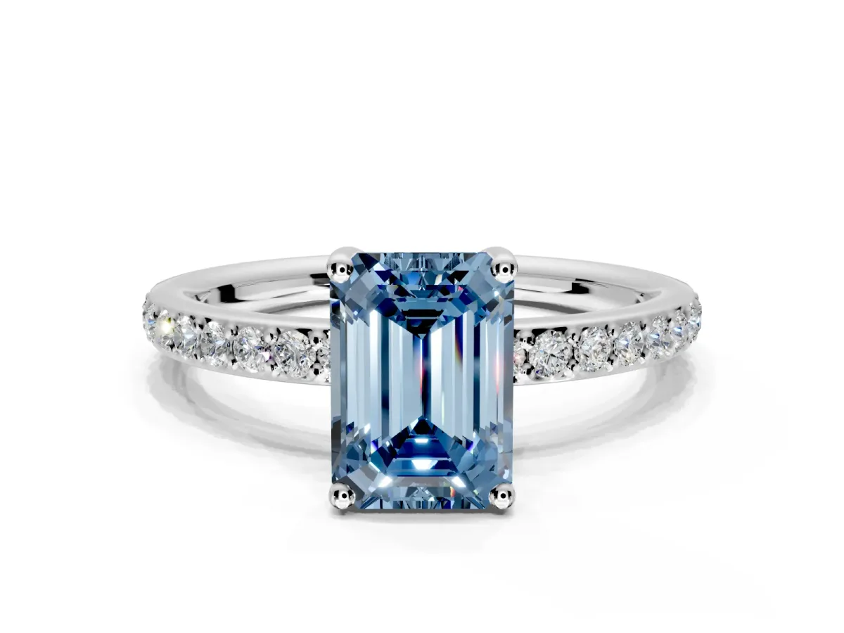 Solitaire Engagement Ring Setting for Fancy Blue Emerald Cut Center with Fine Pave Band and Prong Head in Platinum