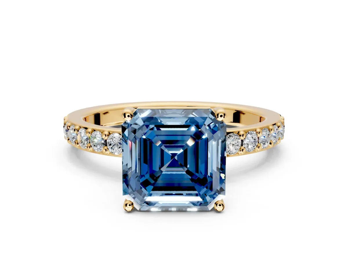 Solitaire Engagement Ring Setting for Fancy Blue Asscher Cut Center with Round Cut Pave Band and Prong Head in Yellow Gold