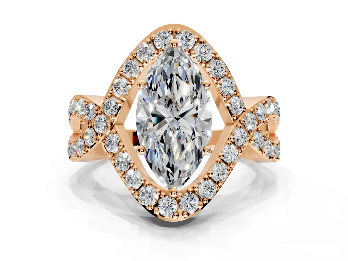 Halo Engagement Ring Setting for Marquise Center with Pave Infinity Twist Band and Prong Head in Rose Gold
