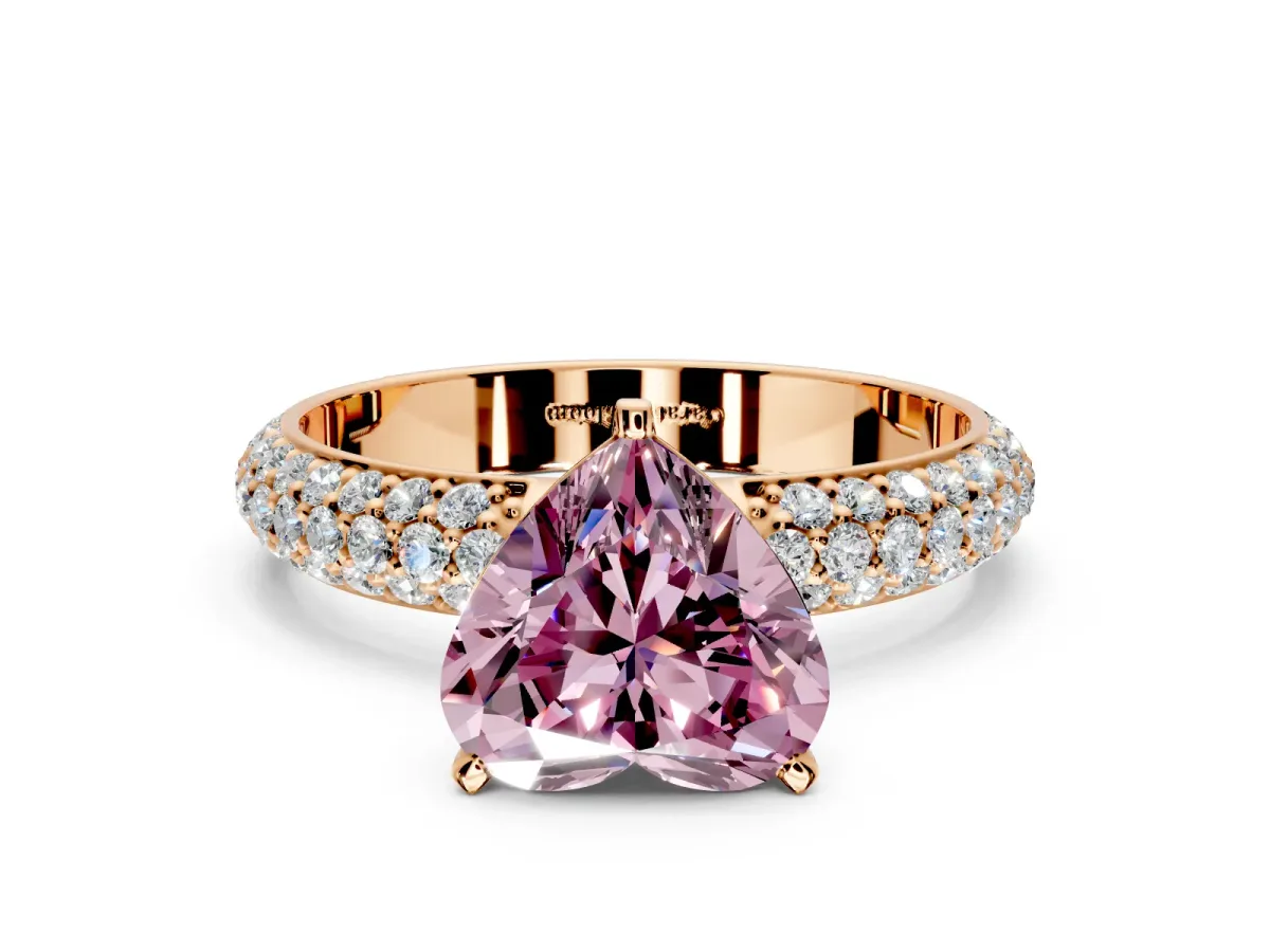 Solitaire Engagement Ring Setting for Fancy Pink Heart-Shaped Center with Domed Multi-Row Pave Band and Prong Head in Rose Gold