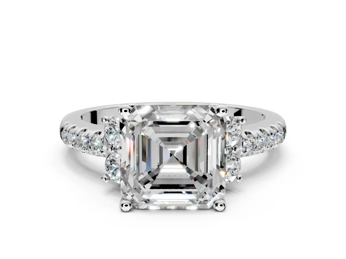 Paired Accent Engagement Ring Setting for Asscher Cut Center with Pave Band and Prong Head in Sterling Silver