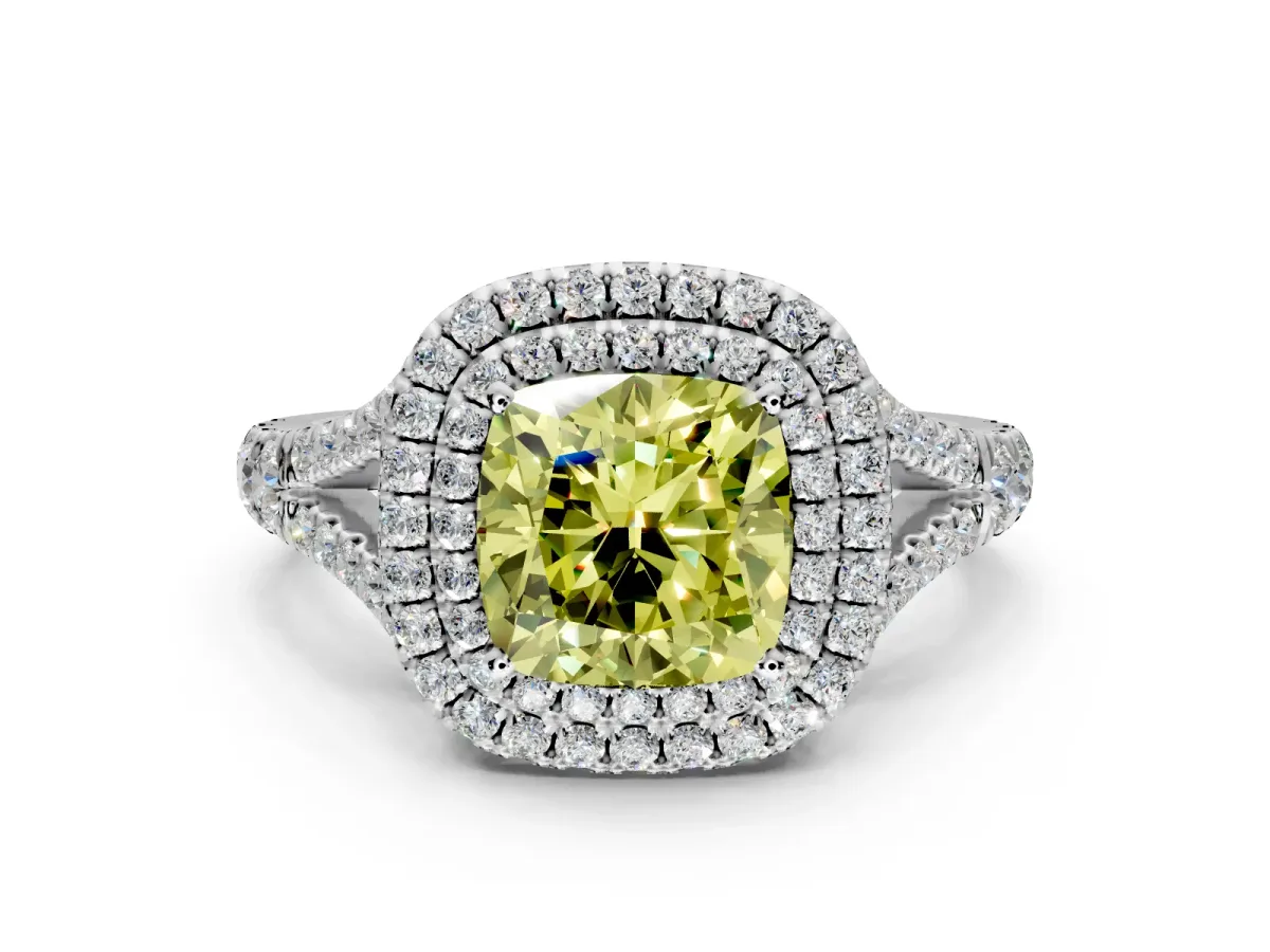 Double Halo Engagement Ring Setting for Fancy Yellow Cushion Cut Center with Narrow Pave Split Shank and Prong Head in Platinum