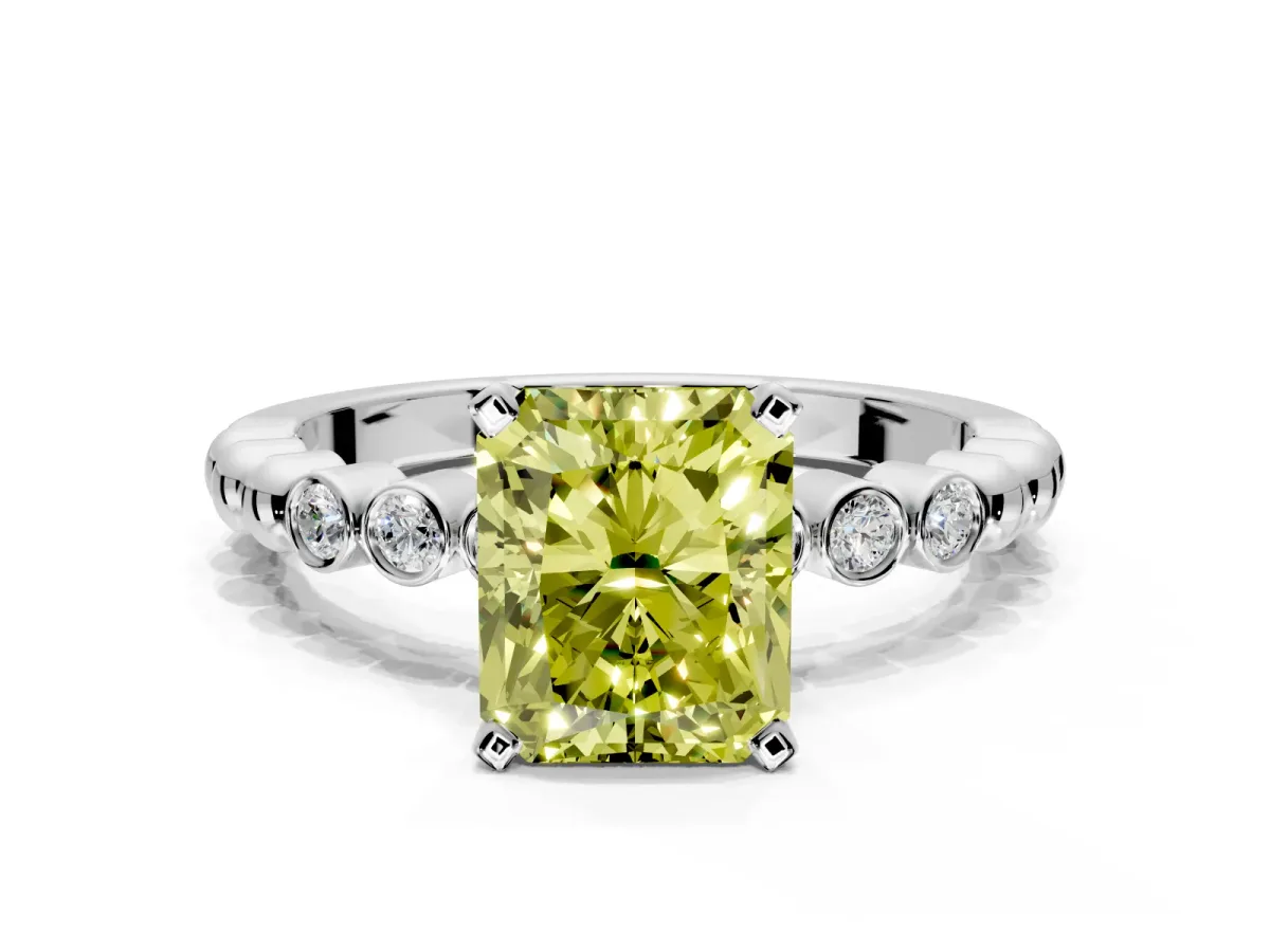 Solitaire Engagement Ring Setting for Fancy Yellow Radiant Cut Center with Bezel-Dot Beaded Band and Prong Head in Sterling Silver