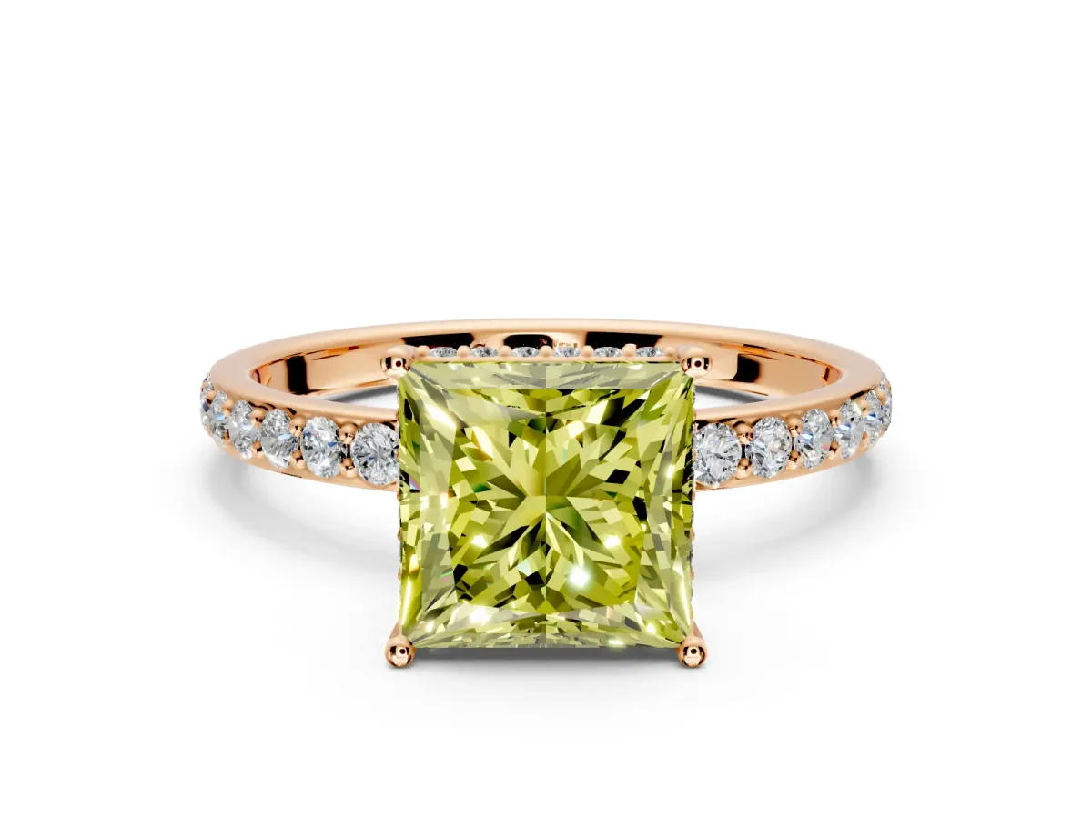 Hidden Halo Engagement Ring Setting for Fancy Yellow Princess Cut Center with Pave Band and Prong Head in Rose Gold