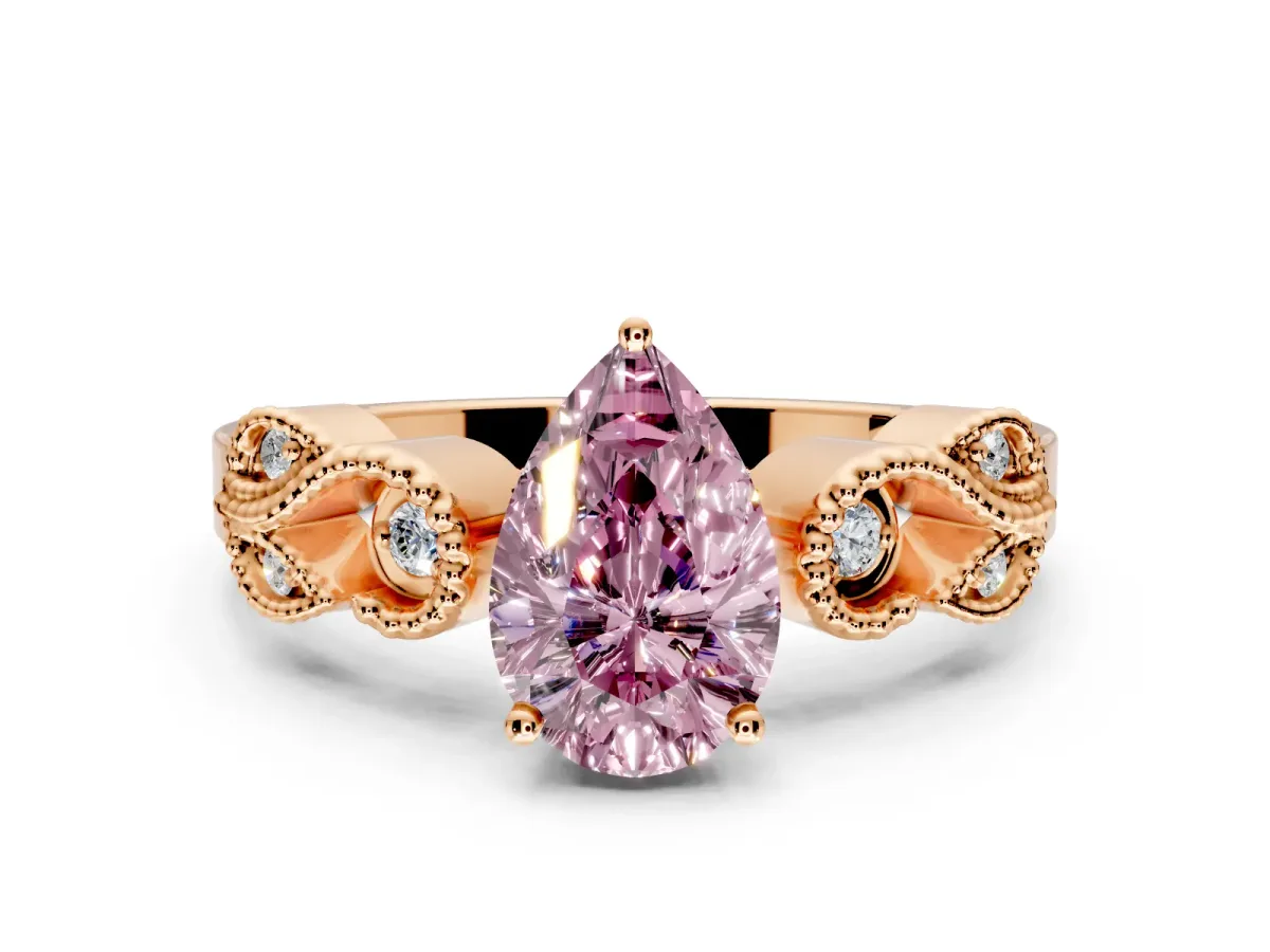 Leaf Engagement Ring Setting for Fancy Pink Pear-Shaped Center with Milgrain Accent Band and Prong Head in Rose Gold