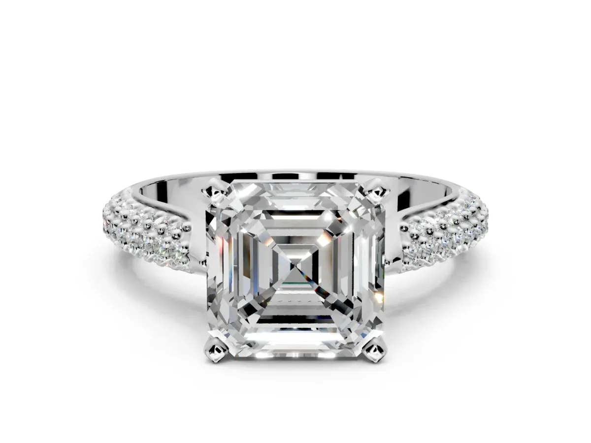 Solitaire Engagement Ring Setting for Asscher Cut Center with Multi-Row Accents and Prong Head in White Gold