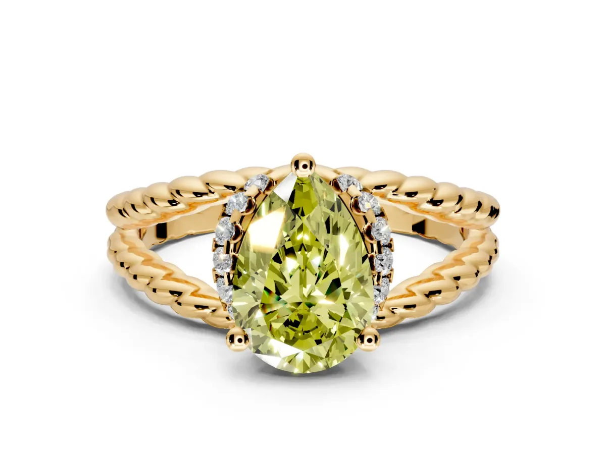 Halo Engagement Ring Setting for Fancy Yellow Pear-Shaped Center with Rope Twist Split Shank and Prong Head in Yellow Gold