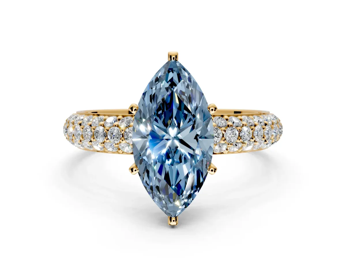 Solitaire Engagement Ring Setting for Fancy Blue Marquise Center with Domed Multi-Row Pave Band and Prong Head in Yellow Gold