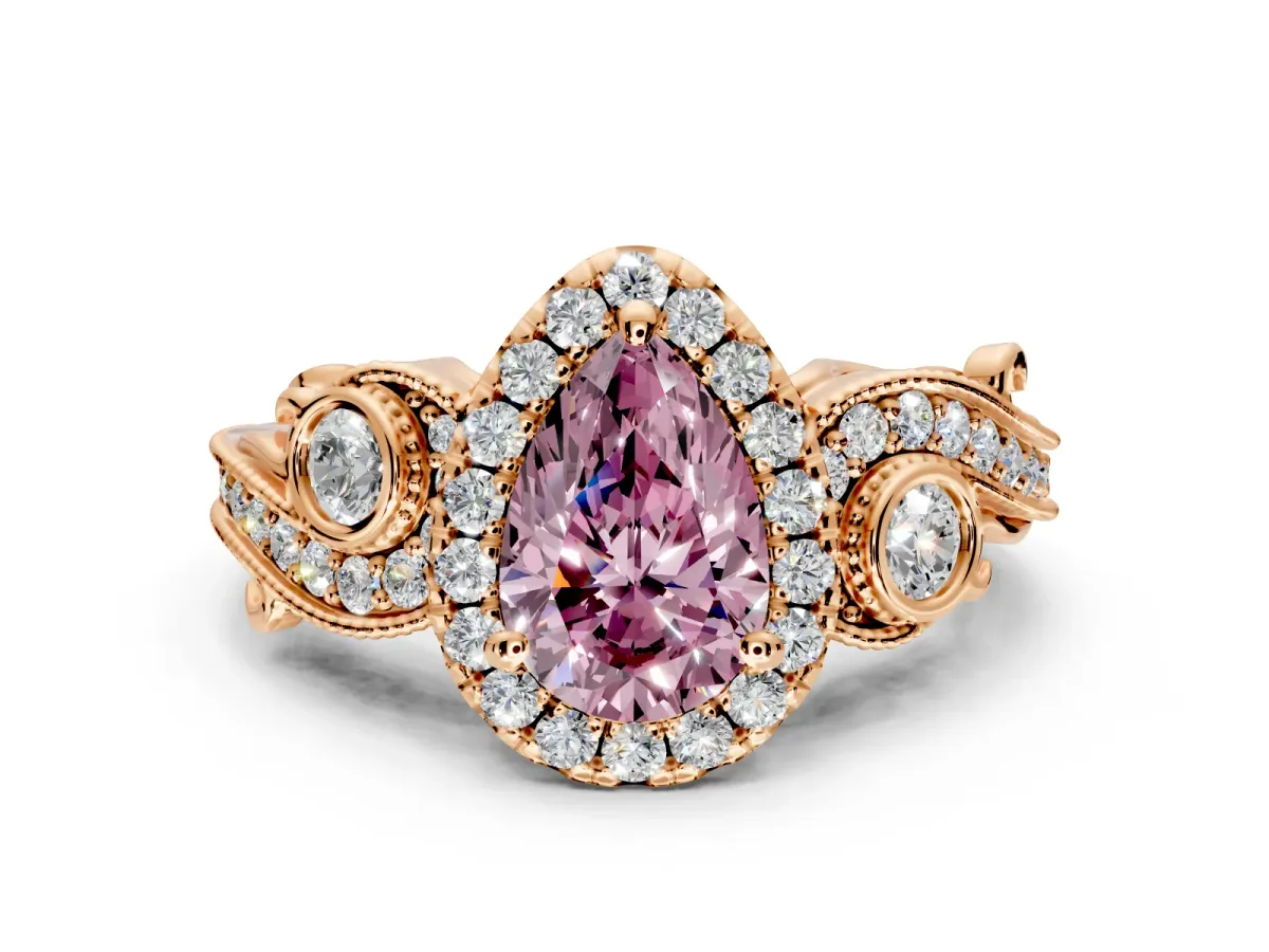 Milgrain Halo Engagement Ring Setting for Fancy Pink Pear-Shaped Center with Shoulder Bezels and Prong Head in Rose Gold