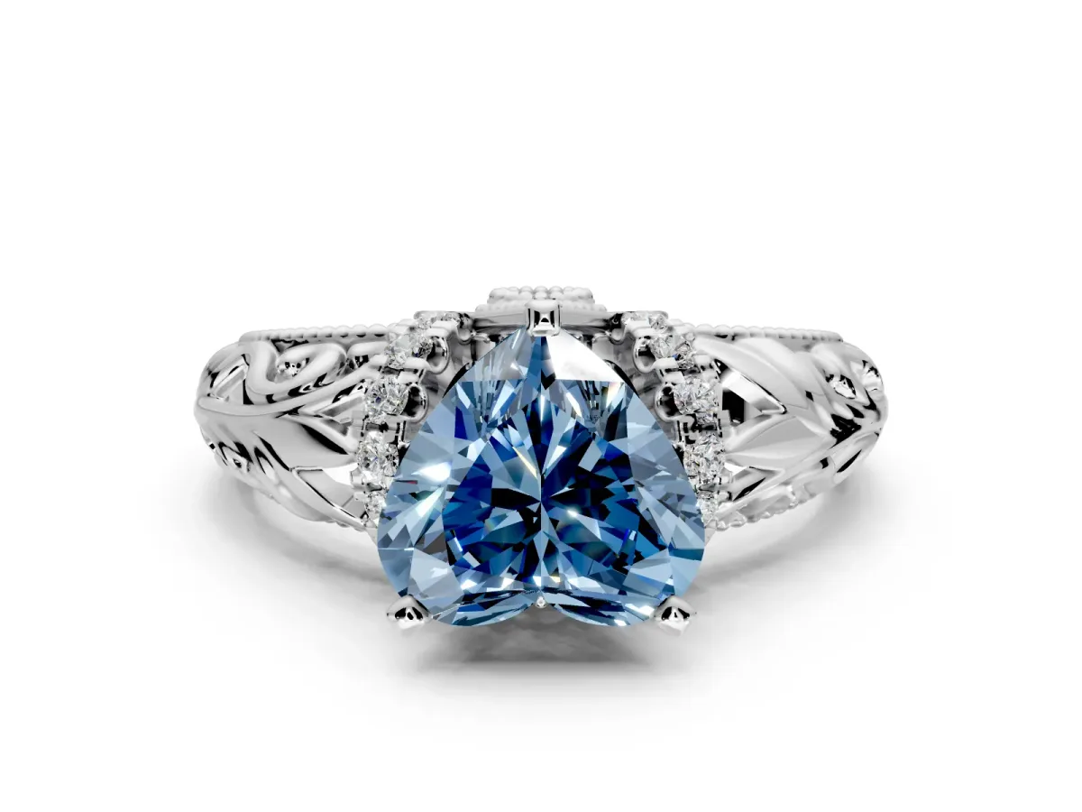 Solitaire Engagement Ring Setting for Fancy Blue Heart-Shaped Center with Filigree Accent Basket and Prong Head in Sterling Silver