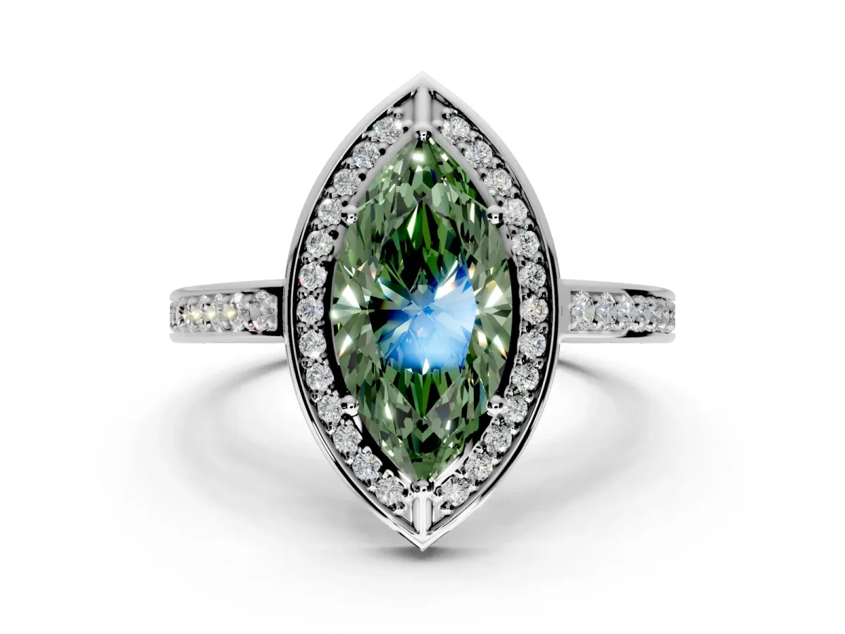 Halo Engagement Ring Setting for Fancy Green Marquise Center with Framed Halo, Pave Band and Prong Head in Platinum