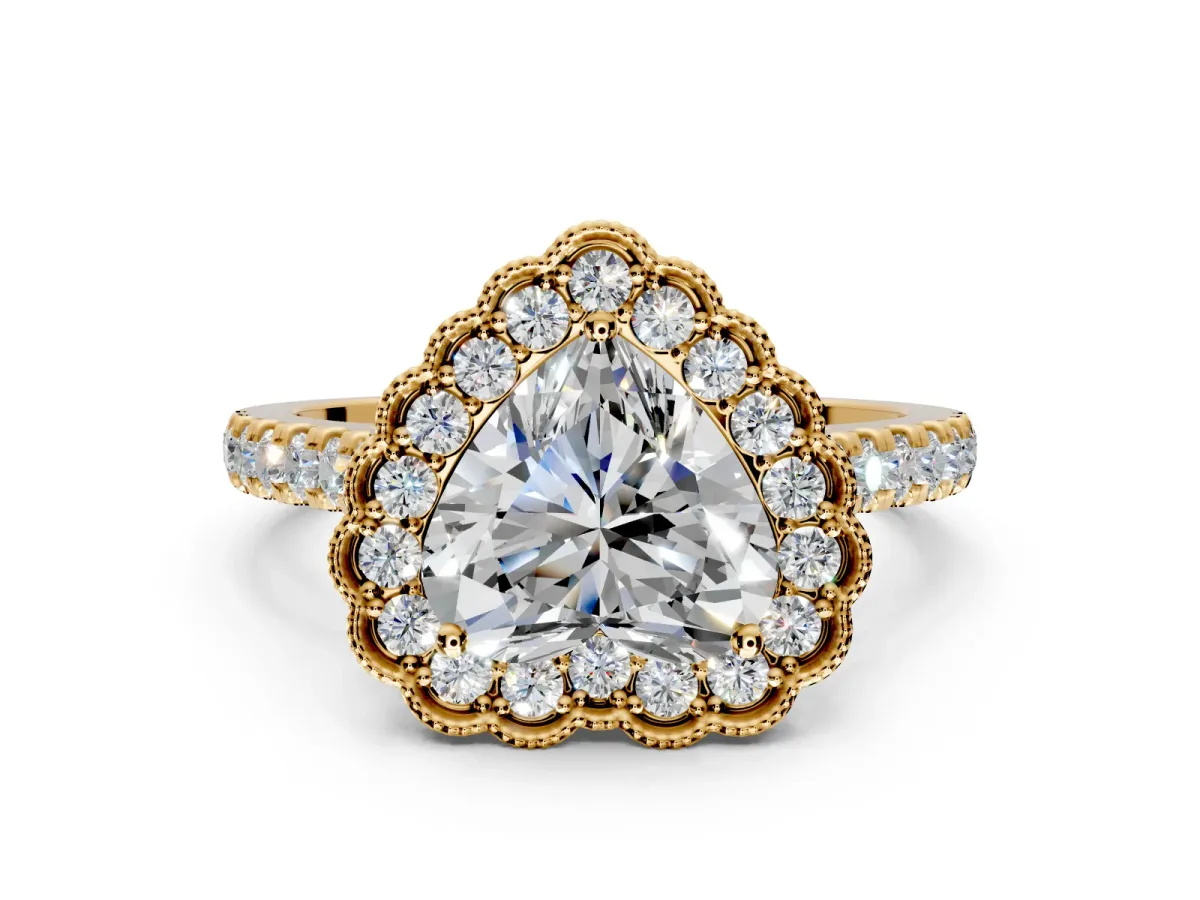 Milgrain Floral Halo Engagement Ring Setting for Heart-Shaped Center with Pave Band and Prong Head in Yellow Gold