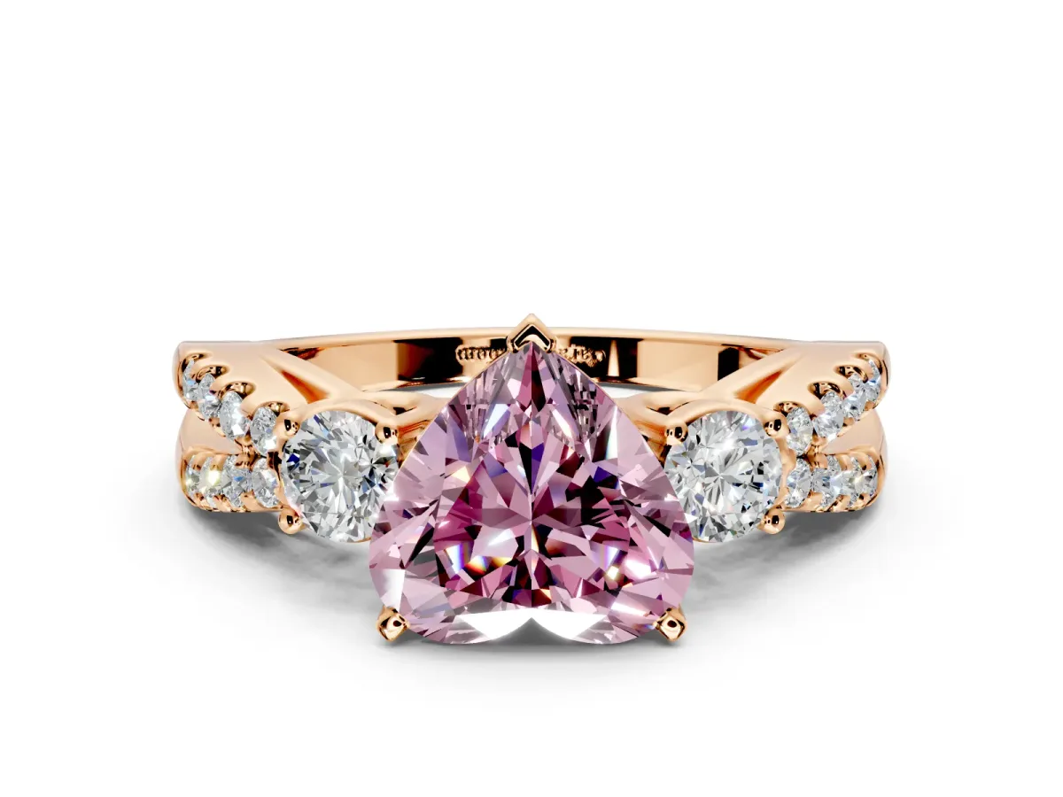 3 Stone Engagement Ring Setting for Fancy Pink Heart-Shaped Center with Pave Split Shank and Prong Head in Rose Gold