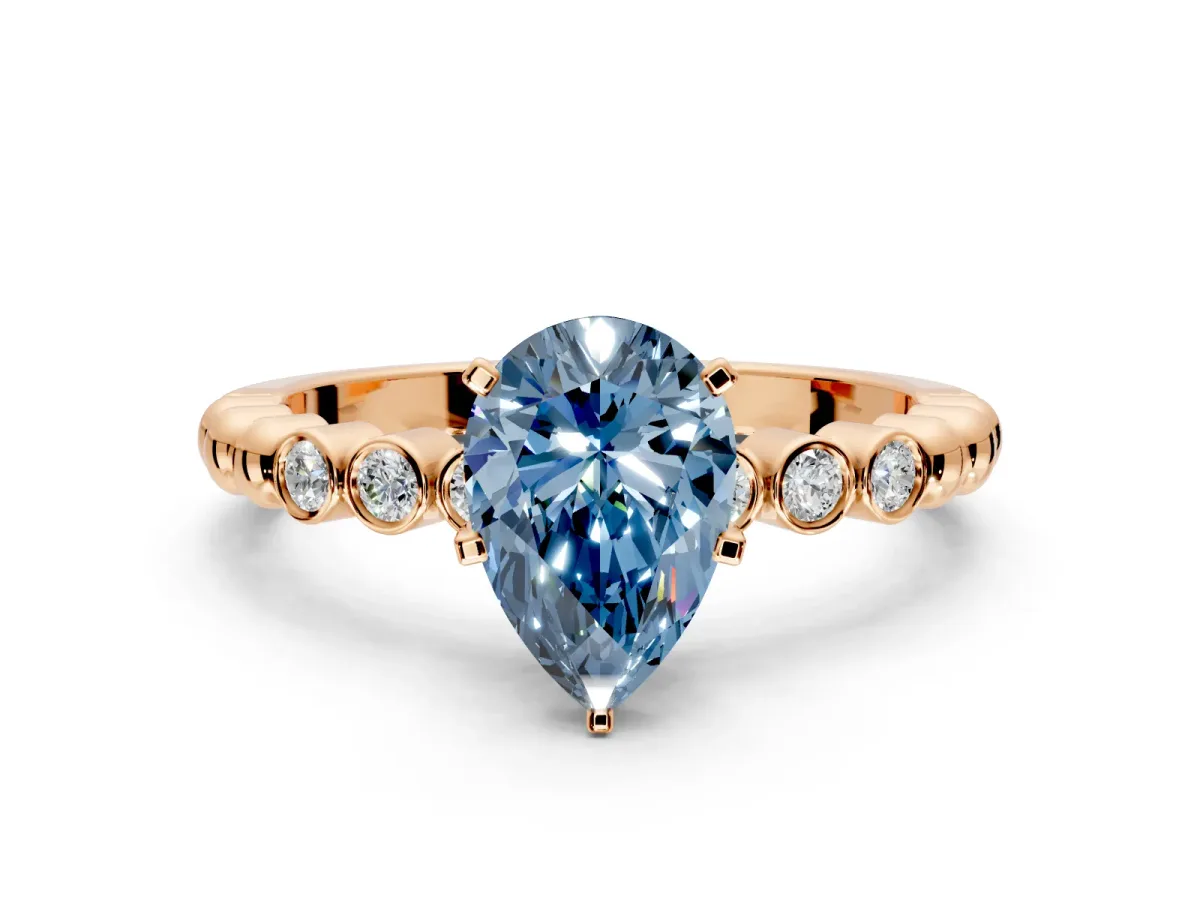 Solitaire Engagement Ring Setting for Fancy Blue Pear-Shaped Center with Bezel-Dot Beaded Band and Prong Head in Rose Gold
