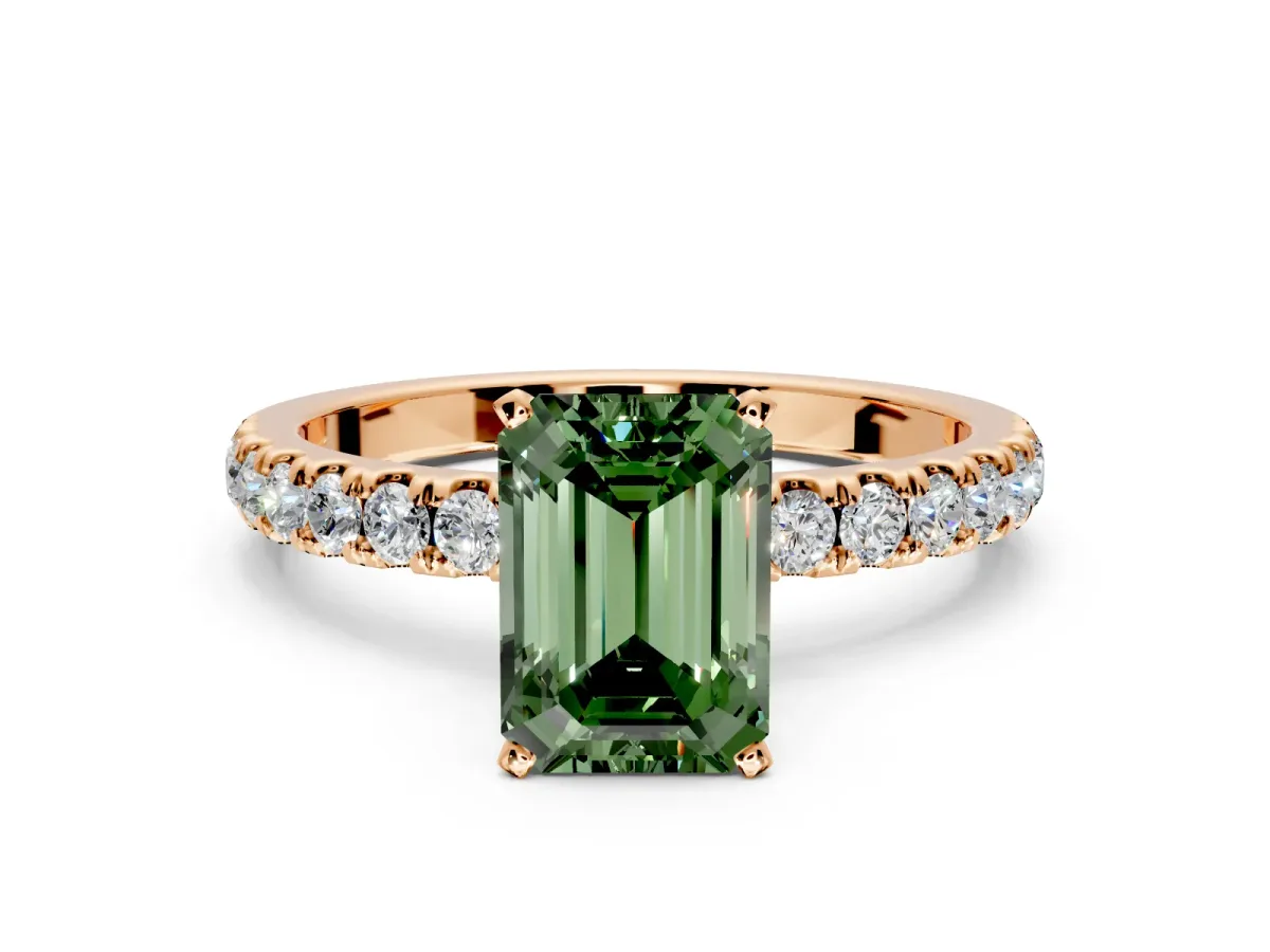 Open Basket Engagement Ring Setting for Fancy Green Emerald Cut Center with Pave Band and Prong Head in Rose Gold