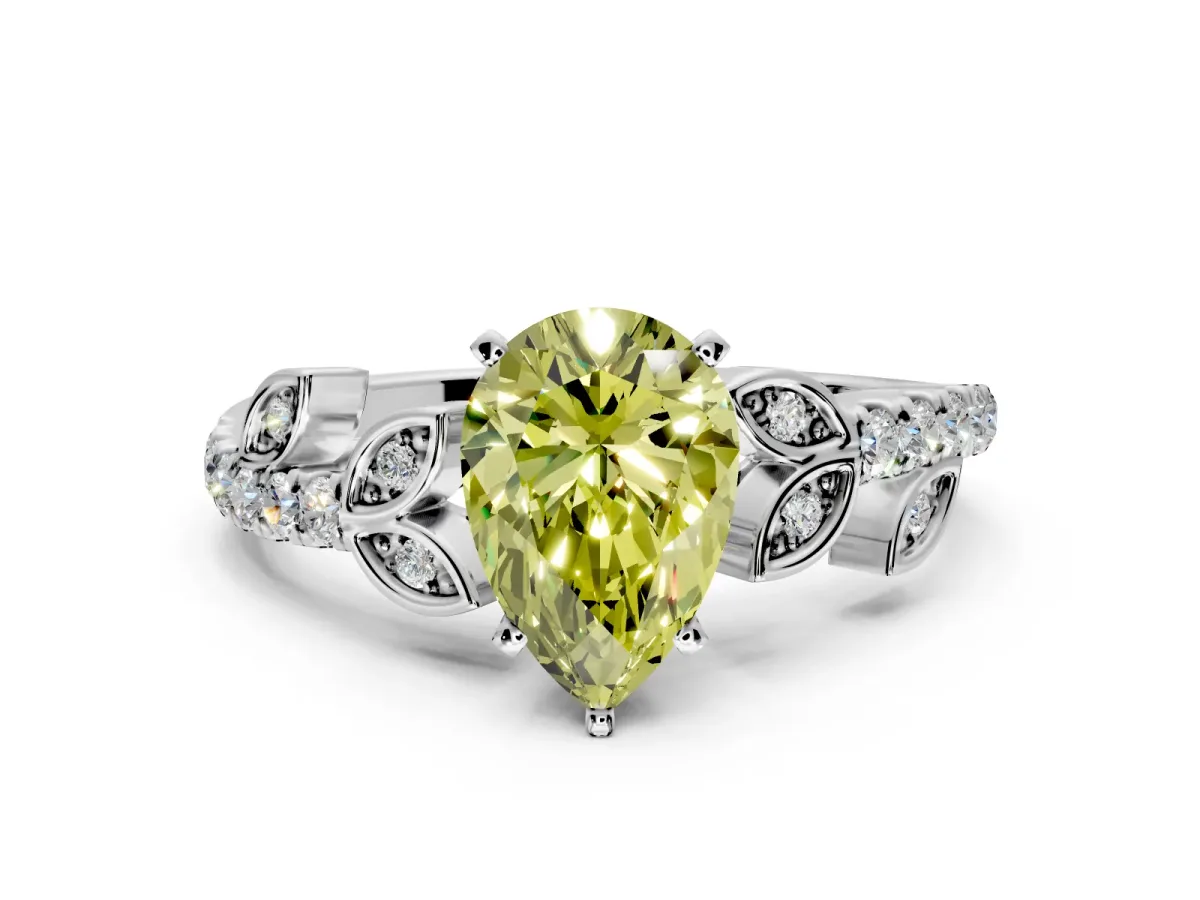 Leaf Motif Engagement Ring Setting for Fancy Yellow Pear-Shaped Center with Pave Band and Prong Head in Platinum