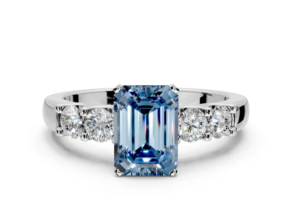 5 Stone Engagement Ring Setting for Fancy Blue Emerald Cut Center with Plain Band and Prong Head in White Gold
