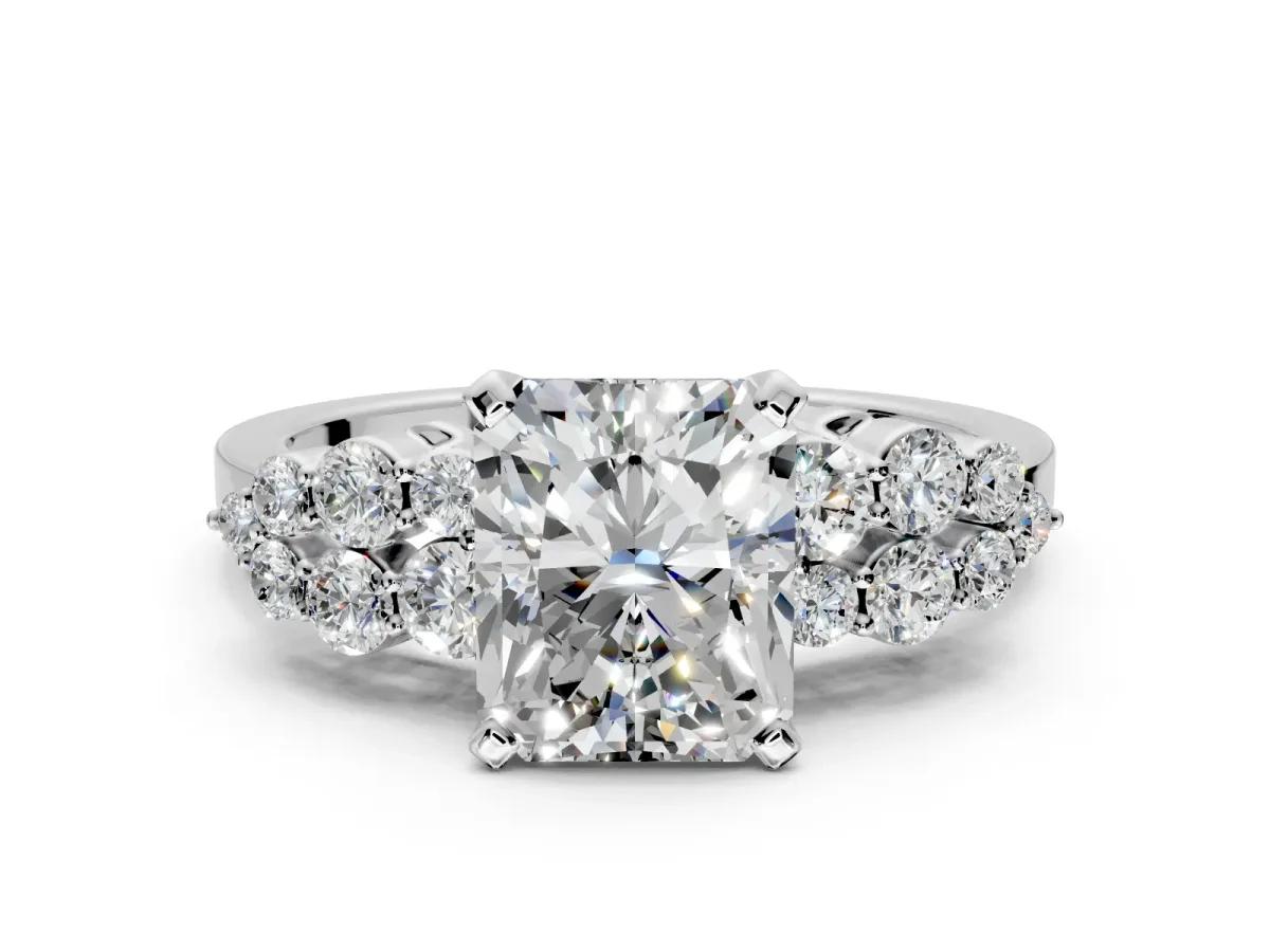 Cluster Engagement Ring Setting for Radiant Cut Center with 2-Row Shoulder Clusters and Prong Head in Sterling Silver