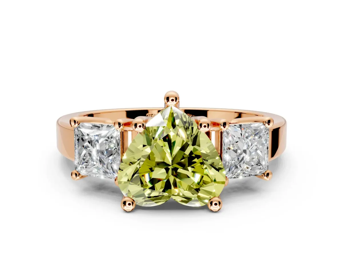 3 Stone Engagement Ring Setting for Fancy Yellow Heart-Shaped Center with Matching Side Accents and Prong Head in Rose Gold