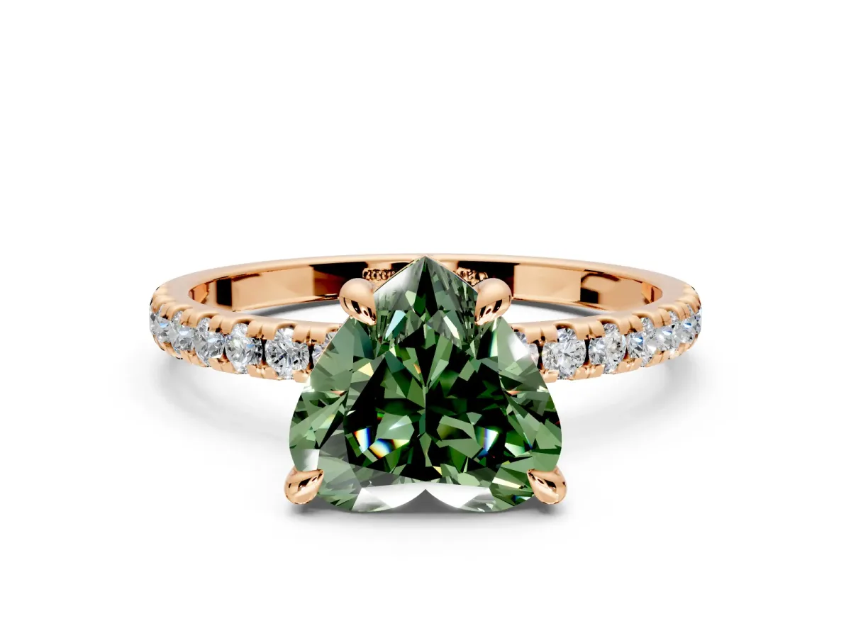 Solitaire Engagement Ring Setting for Fancy Green Heart-Shaped Center with Fine Pave Narrow Band and Prong Head in Rose Gold