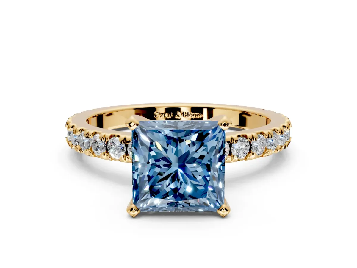 Solitaire Engagement Ring Setting for Fancy Blue Princess Cut Center with Fine Pave Band and Claw Prong Head in Yellow Gold