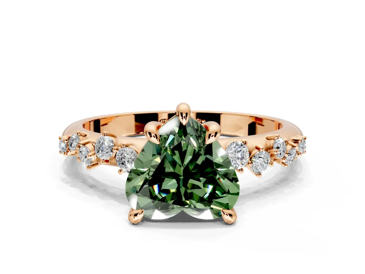 Solitaire Engagement Ring Setting for Fancy Green Heart-Shaped Center with Trailing Leaf Accent Band and Prong Head in Rose Gold