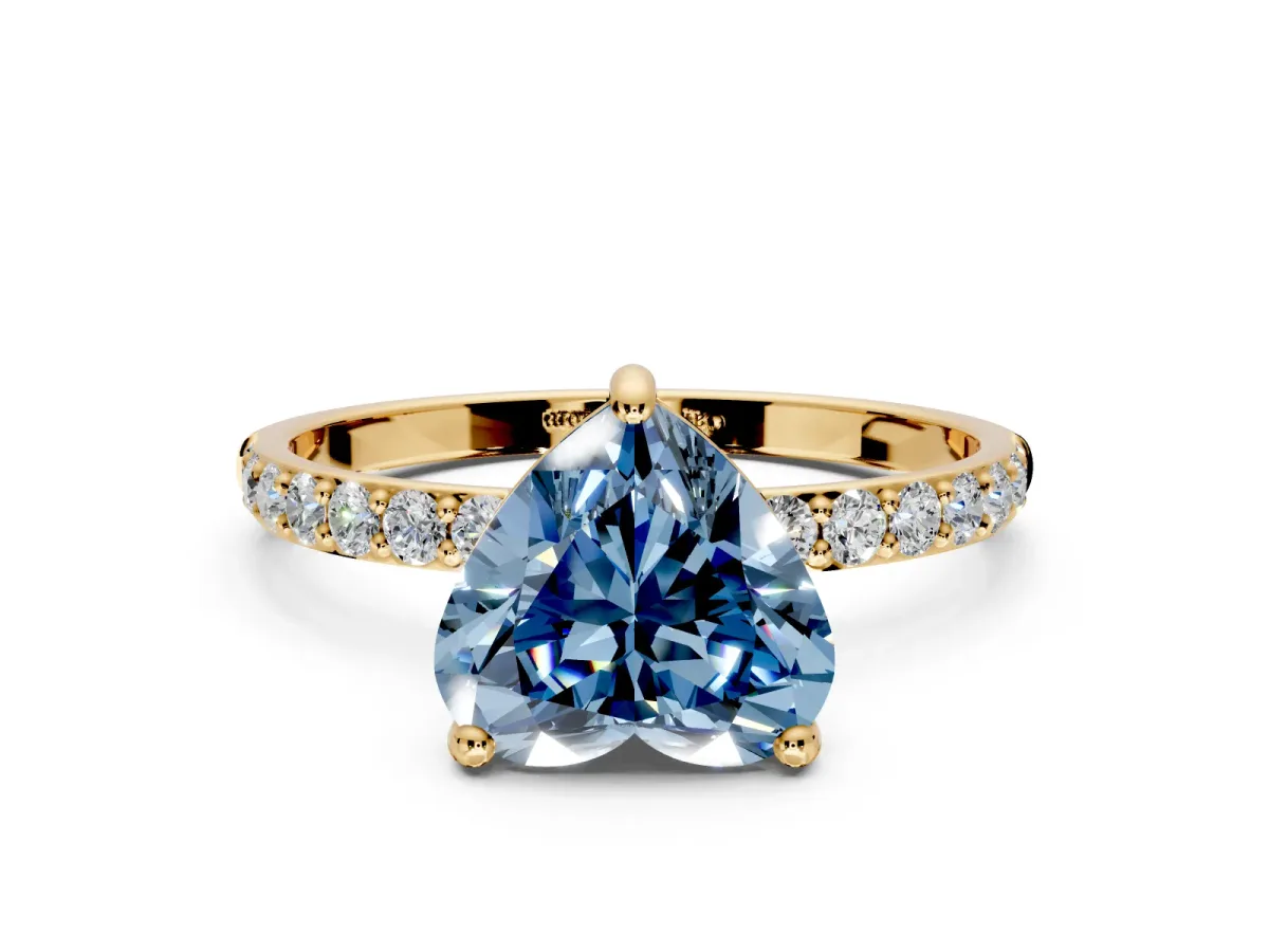 Solitaire Engagement Ring Setting for Fancy Blue Heart-Shaped Center with Pave Accents and Prong Head in Yellow Gold