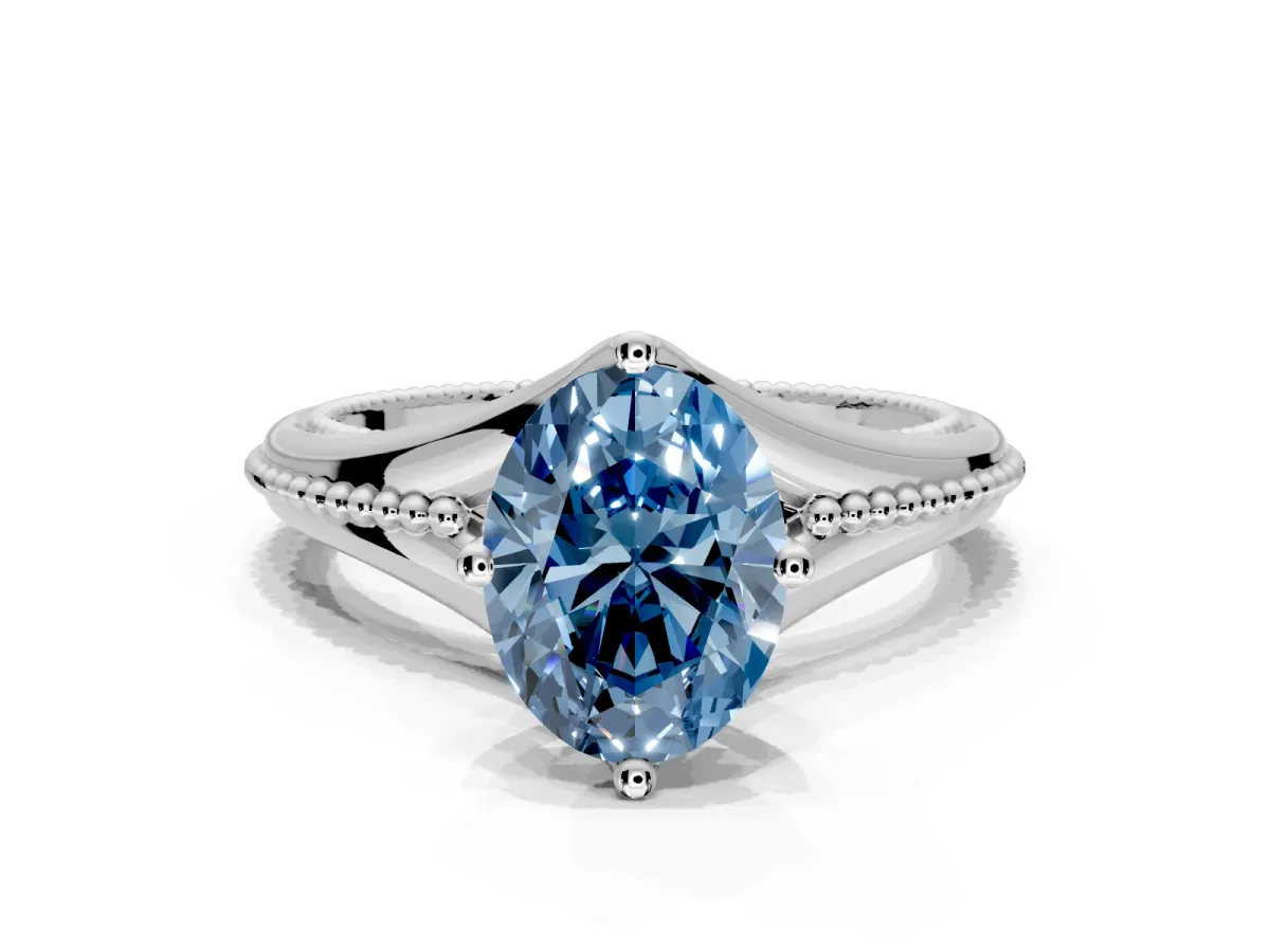 Solitaire Engagement Ring Setting for Fancy Blue Oval Center with Milgrain Cathedral Band and Prong Head in Sterling Silver