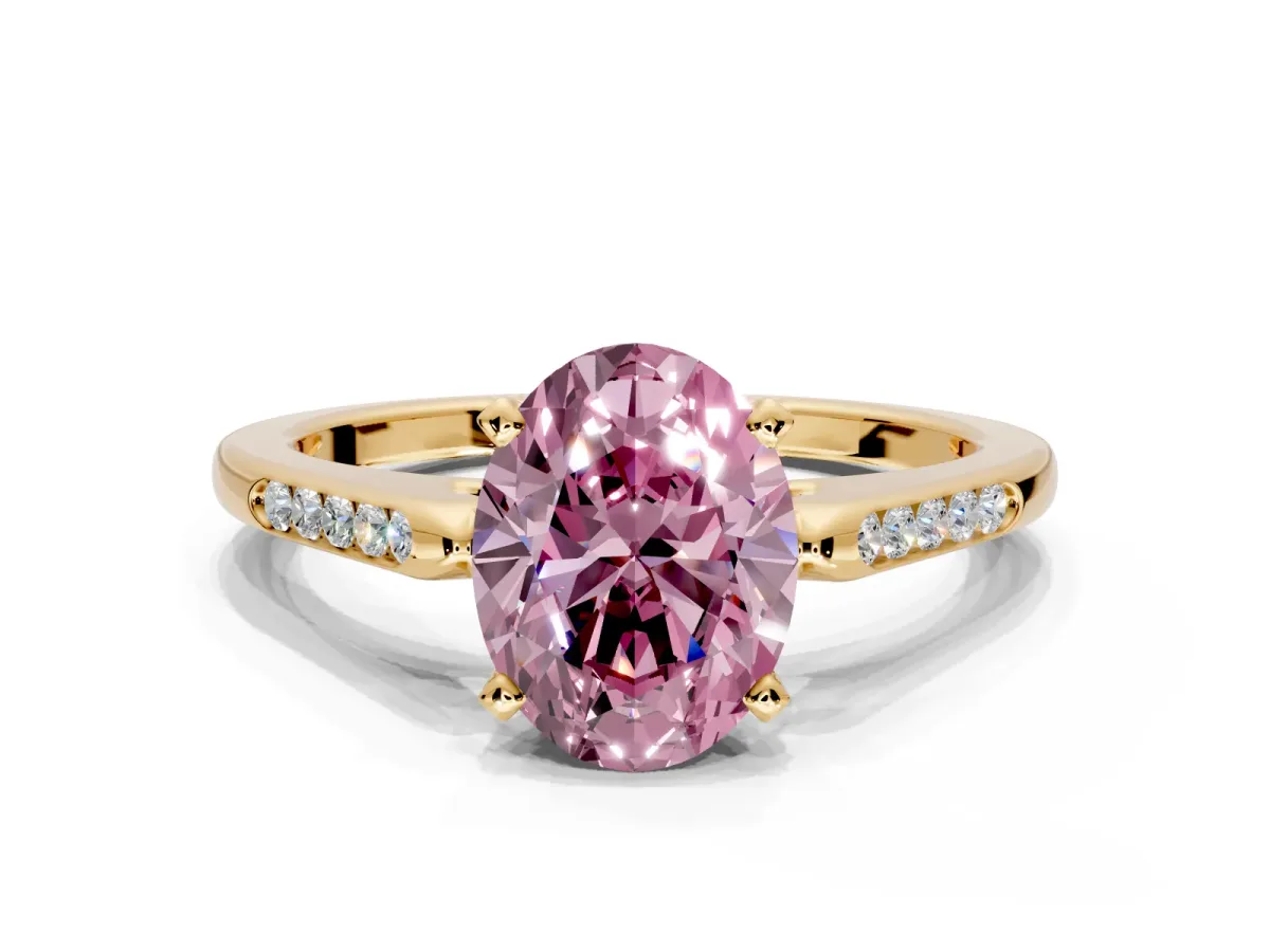 Solitaire Engagement Ring Setting for Fancy Pink Oval Center with Channel Accents and Prong Head in Yellow Gold
